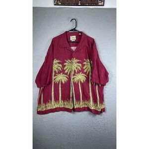 Pusser's Shirt Mens 2XL Red Silk Palm Tree Short Sleeve Button Front Hawaiian